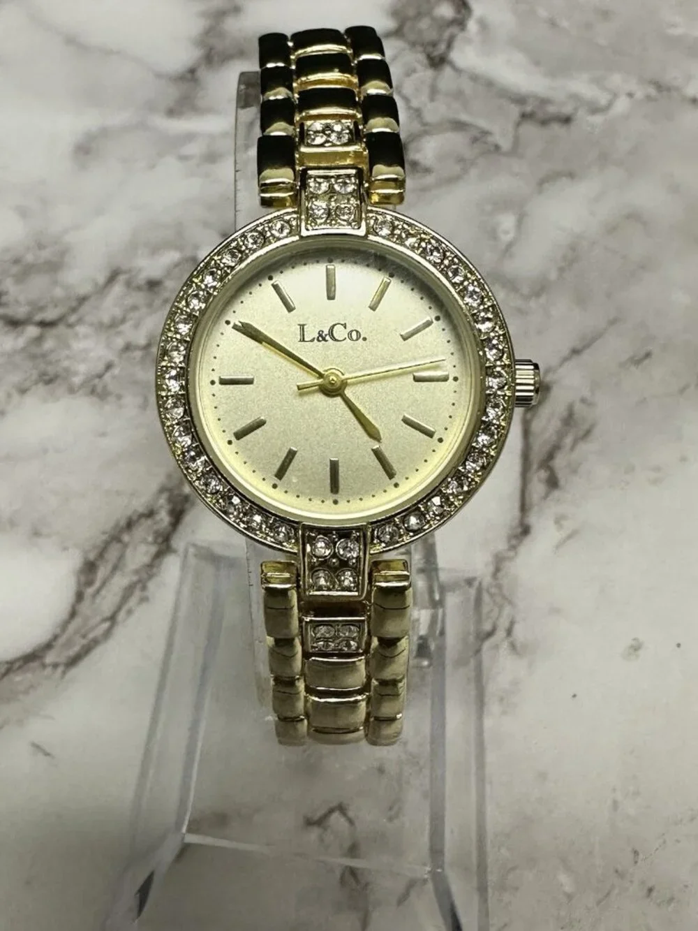 3/$30 L & Co Watch Women Gold Tone Round Dial Crystal Bezel New Battery 7.25